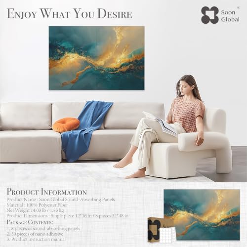 Image of Soon Global Acoustical Wall Panels, 48 X 32 Inches Art Acoustic Panels, Decorative Acoustic Panels, Acoustic Wall Panels, Sound Absorbing Wall Art, Oceanic Gleam