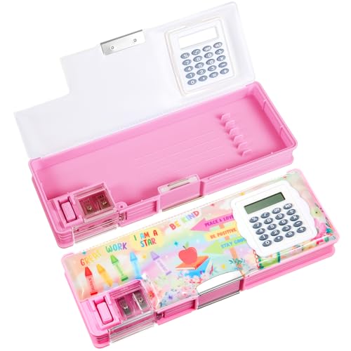 Image of Henoyso Multifunctional Pencil Box for Girls, Pink Inspirational Pencil Case with Calculator and Sharpener, 2026 Back to School Supplies Organizer for Kids Teens Students, Elementary Gift