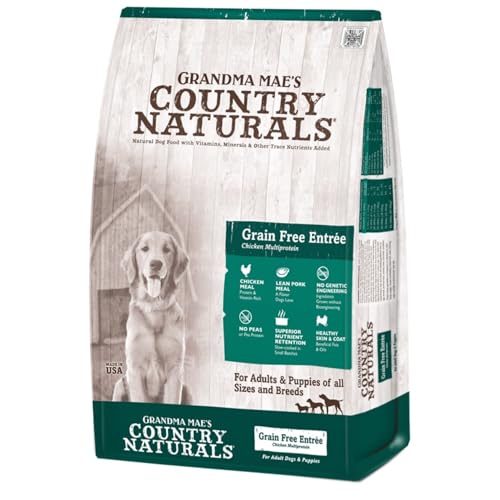 Grandma Mae’s Country Naturals Dry Dog Food, Grain Free Multi-Protein Formula, Chicken, Pork & Whitefish, Slow Cooked & Nutrient Dense, Made in USA, 28 LB Bag