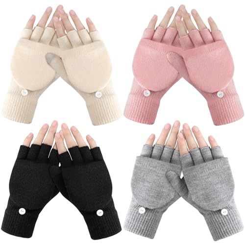 Premillow Winter Fingerless Gloves for Women, 4 Pairs Womens Winter Gloves | Warm Knit Half Finger, Typing Womens Glove Mittens with Flap Cover, 4 Pairs Convertible Fingerless winter Gloves for Womens - image 1