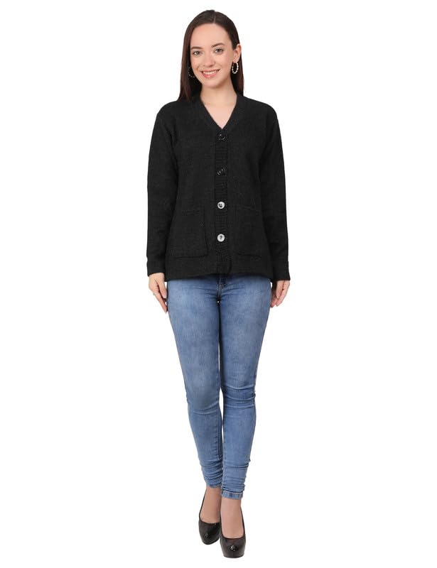Image of MANRA Women's Woolen V-Neck Buttoned Full Sleeve Cardigan Self Design Soft Wool Fabric Winter Wear Pure Wool Sweater Fully Warm, Front Pockets Cardigan