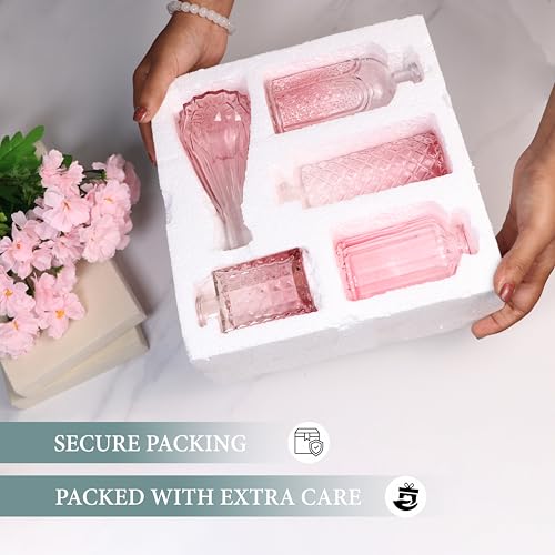 Image of Art Street Decorative Set of 5 Crystal Clear Bud Vase, Transparent Flower Glass Vase for Home Decor, Flower Pot, Wedding Decoration, Living Room, Bedroom and Office Decor(Color-Pink)