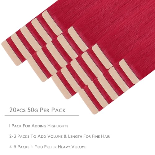 Image of WENNALIFE Tape in Hair Extensions Human Hair, 20pcs 50g 14 inch Red Remy Hair Extensions Straight Human Hair Tape in Extensions Skin Weft Tape Extensions Human Hair