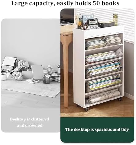 Mobile Bookshelf,Multi-Tier Rolling Wooden Storage Cart with Wheels – Versatile Office Book Shelf, Mobile Orga for Home & Office, Stylish White Finish, Efficient Space-Saving Solution.