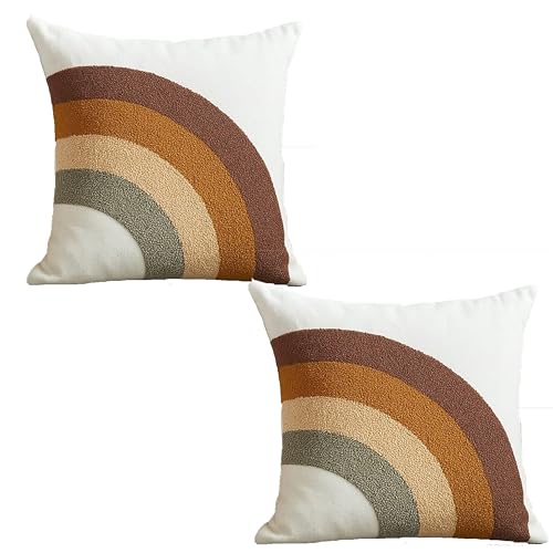 Image of Tarantaran Tufted Decorative Throw Pillow Cover, Blue and White Geometric Pattern with Tassels, 40.6 x 40.6 cm, Modern Square Pack of 2 (Brown Rainbow)