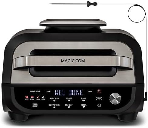 MAGiC COM Indoor Grill and Air Fryer Combo, 7-in-1 Electric Grill with Steak, Roast, Air Crisp, Bake, Dehydrate, Pizza and Reheat. Smart Thermometer, Non-Stick, Dishwasher Safe/Black