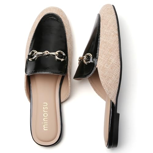 Image of Minorsu Buckle Mules for Women Flats Loafers Shoes for Work Office Business | Slip on,Round Toe,Backless,Slides, Casual