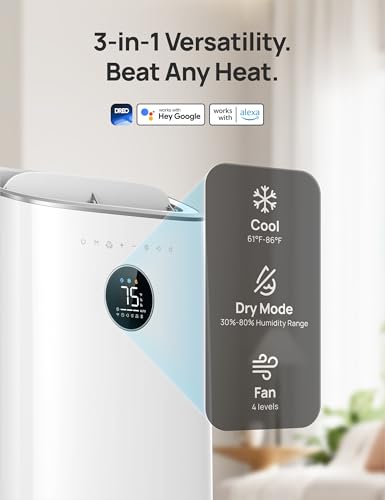 Dreo Portable Air Conditioners, 8000 BTU ASHRAE (5000 BTU DOE) Smart AC Unit for Bedroom with Drainage-free Cooling, 45dB Quiet, APP/Voice/Remote, Portable AC for Room Indoors, AC318S
