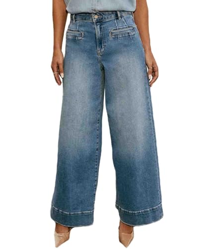 Sexyshine Women's Retro Wide Leg Jeans High Waist Stretchy Loose Straight Leg Long Denim Pant with Front Patch Pockets