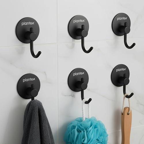 Image of Plantex Wall Hanging Hook /Bath Towel Hook /Self Adhesive Round Robe Hooks for Kitchen /Bathroom /Stylish Home Decor Items - Pack of 6 (Black)