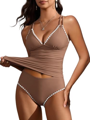 Awinclo Womens V Neck Tankini Two Piece Bathing Suit High Waisted Ruched Swimsuit Scalloped Trim Swimwear for Summer Vacation Pool Resort Brown Small