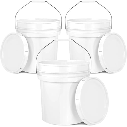 Image of 5-Gallon White Bucket Pail Container with Lid | Food Grade | Heavy-Duty Approx 90 MIL Extra Durable | Metal Handles with Plastic Grip | Multi-Use | Easy Stack and Store | BPA Free - 3 Pack