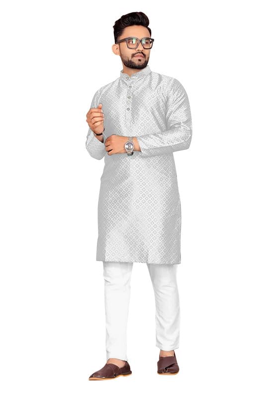 Image of Men's Self Design Cotton Silk Kurta