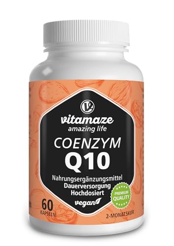 Vitamaze® Coenzima Q10 200mg per Capsula Vegano, Ubiquinone con la Migliore Biodisponibilità, Integratore Alimentare di Q10 Coenzima senza Additivi non Necessari, Qualità Tedesca, 60 Capsule.