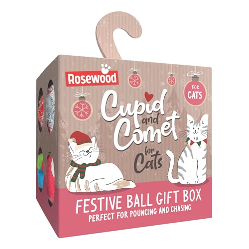 Rosewood Festive Ball Gift Box for Cats â€“ Set of 8 Crinkle, Rattle & Pom Pom Balls in 4 Festive Designs â€“ Christmas Cat Toy Set for Batting, Swatting & Chasing for Cats & Kittens