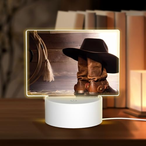 POEZJZW Cowboy cappello nero modello di stivale occidentale base lampada LED luce notturna acrilico USB 3 modalità per camera bar bar festa di compleanno
