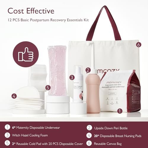 Momcozy Postpartum Essentials Kit, Labor Delivery Mom Care Kit, Self-Absorbent Disposable Underwear Nipple Nursing Pads Upside Down Peri Bottle Cold Pads Cooling Foam Canvas Bag Kit - Image 3