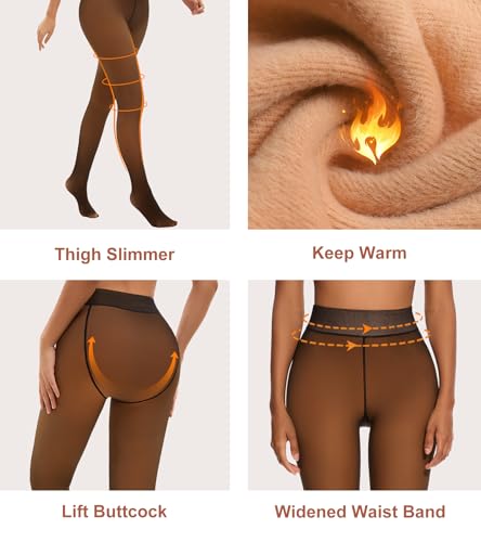 Image of Fleece Lined Tights Women,Fake Translucent Warm Pantyhose Tummy Control High Waist Leggings for Winter