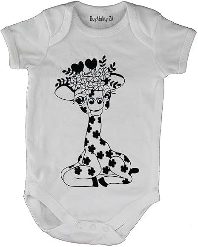 Floral Giraffe - Baby Grow 12-18 months White Short Sleeve