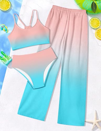 Image of NECIOUS Girls Swimsuit, 3 Piece Bikini Bathing Suit Tropical Floral Swimwear with Cover Up Pants 7-16Y