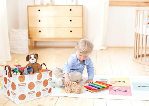 Image of Rectangular Baketball Baskets,Kids Basket for Boy.Waterproof PE Coating Cute Basket with Handles.Boys Bin,Toys Box,Books Bins. (Basketball)