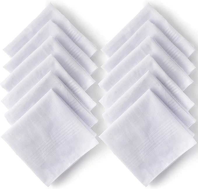 COTTONPLUSMen's Handkerchiefs 100% Soft Cotton White Pocket Square Daily Use Hankie 19x19 Inches Handkerchieves - Pack of 12