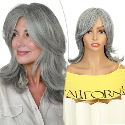 Creamily 14 Gray Wigs for Women Grey Silver Medium Length Layered Wig with Curtain Bangs Glueless Natural Looking Synthetic Wigs for Thinning Hair Daily and Cosplay(Black Mixed Grey Siler)