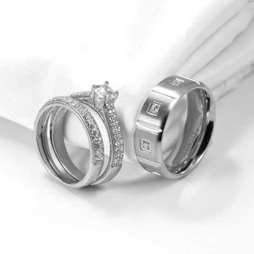 Couple Rings Matching Rings White Gold Plated 1CT AAA CZ 2pcs Women Wedding Ring Sets for Him and Her Rings Men Band3