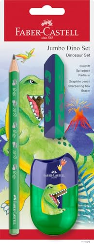 Faber-Castell 111529 - Schreibset Dino mit Jumbo Bleistift, Spitzer und Radiergummi, Schulset für Kinder