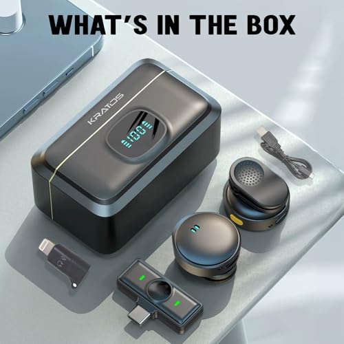 Image of Kratos KMW03 Wireless Mic, Mic Wireless Dual Microphone with 360 Sound Capture, Noise Reduction, 40M Range, Magnetic Collar Clip, Plug & Play, Type-C & Lightning Compatible for iPhone, Android & DSLR