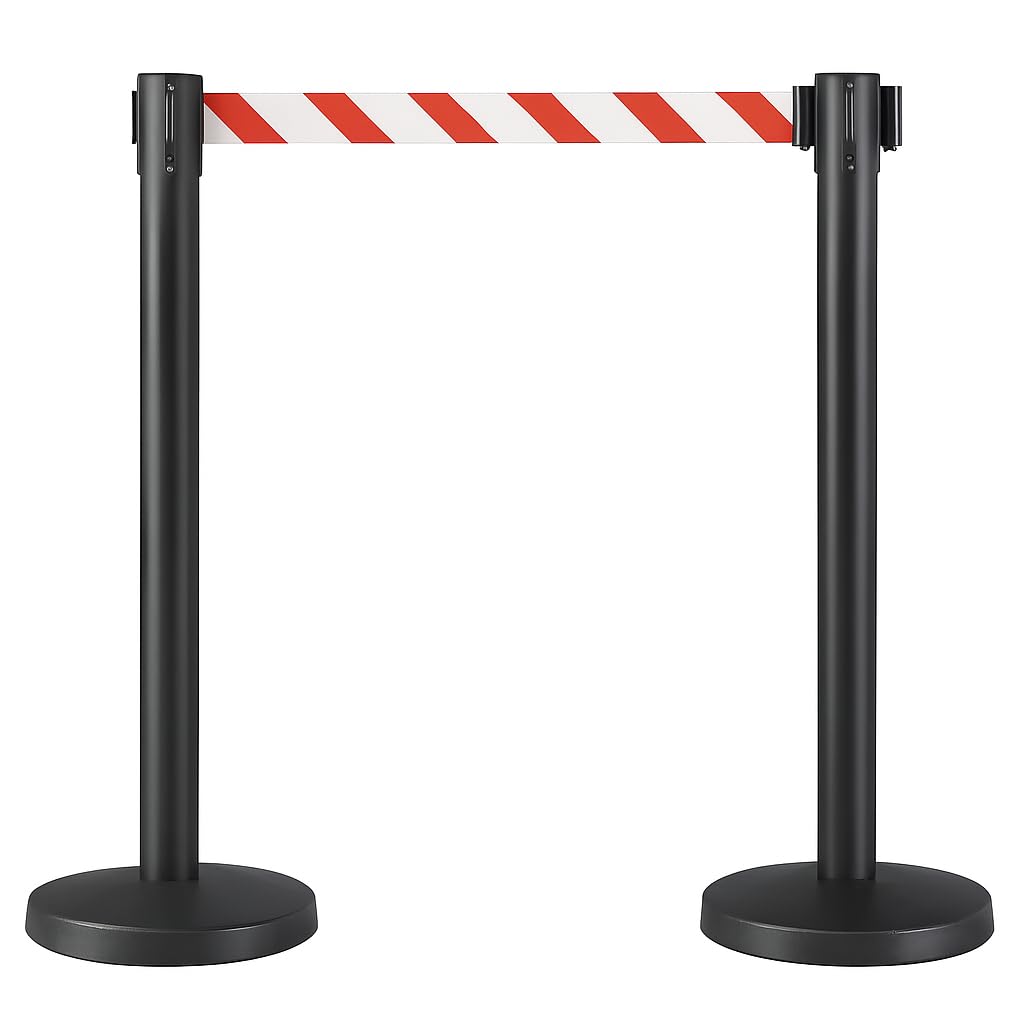 Retractable 3m Belt Barriers Twin Pack - Heavy-Duty Steel Stanchion for Queue & Crowd Control - Freestanding Durable Retractable Safety Barrier (Black Post, Red & White Belt)