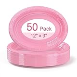 50pcs Pink 12 Inch Oval Plastic Plates, Disposable Sturdy Oval Serving Platters, Large Plastic Oval Dinner Plates for Baby Shower, Wedding, Bridal Shower, Birthday Party, Girl Party & Picnic