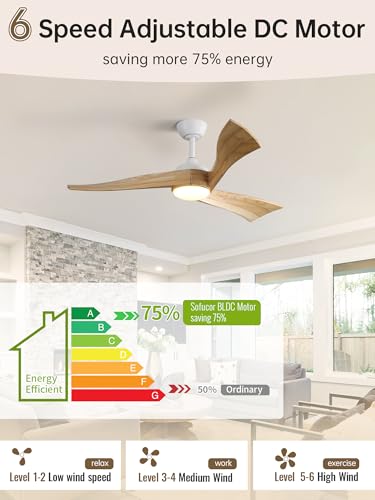 Sofucor 52 Inch Ceiling Fan with Light and Remote, Modern 3 Solid Wood Blades Ceiling Fan, 6 Speeds 5500CFM, Dimmable 3-Color LED with Memory, Timer & Quiet & Reversible DC Motor, ETL, Nature Wood thumbnail 8