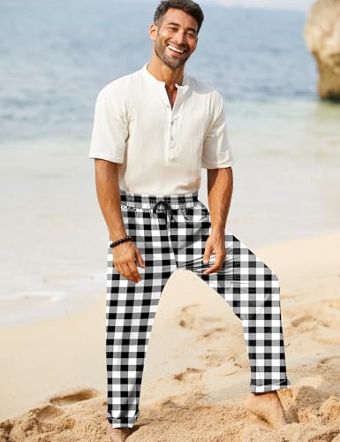Image of iWoo Linen Pants Men Casual 2025 Summer Beach Elastic Drawstring Waist Yoga Pants Travel Baggy Work Pant Pajama