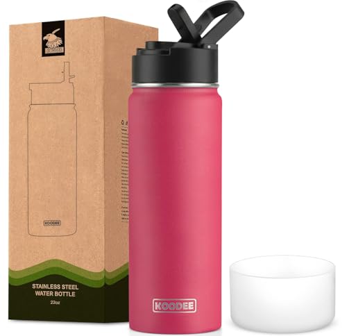 Image of koodee Water Bottle 22 oz Stainless Steel Vacuum Insulated Wide Mouth Water Bottle with Straw Lid, Reusable Metal Sports Water Flask BPA Free(Canyon Red)
