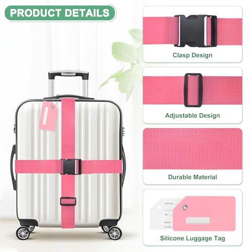 Image of M METERXITY 2-Sets Luggage Straps TSA Approved, Travel Straps for Luggage Suitcase Tags Set, Adjustable Suitcase Belt [Pink]