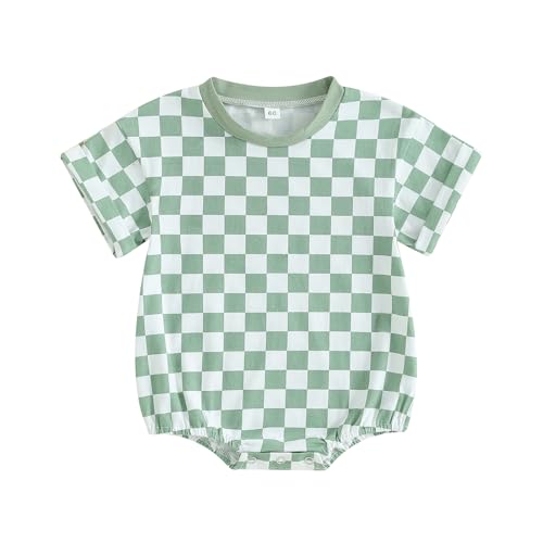 Image of Karuedoo Newborn Baby Boy Girl Clothes Checkered T-Shirt Bubble Romper Oversized Short Sleeve Onesie One-Piece Summer Outfit