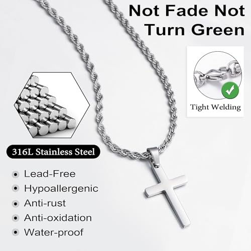 Yooblue Cross Necklace for Men, Stainless Steel 14K-Gold-Plated Layered Rope Chain Cross Pendant Necklace Jewelry, Cross Chain Necklace for Men Cuban Link Chain for Mens