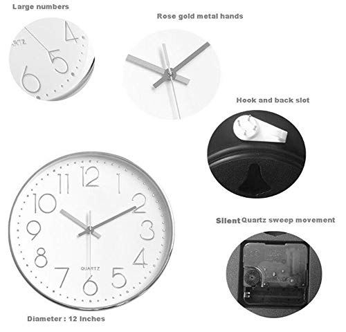 Relógio de parede Ocharzy 30 cm, sem tique-taque, silencioso, quartzo, decorativo, funciona com bate