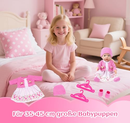 WanderGo Baby Puppen Puppenkleidung 35-43 cm, 6-teiliges Outfit mit Rosa Strickjacke + Rock mit Blumenmuster + Socken + Mützen + 2 Kleiderbügel, Babypuppe Kleidung für 14-18 Zoll Puppen(Ohne Puppe)