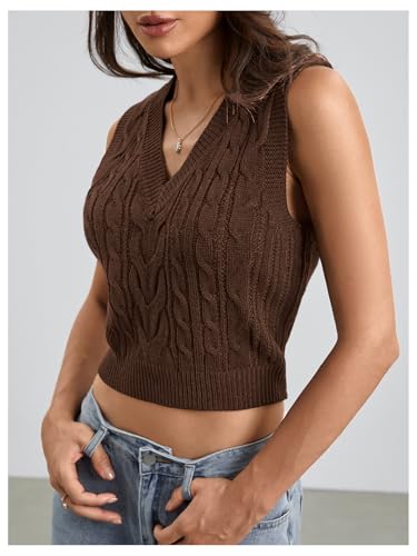 Image of Milumia Women's Cable Knit V Neck Sweater Vest Sleeveless Ribbed Crop Tank Top