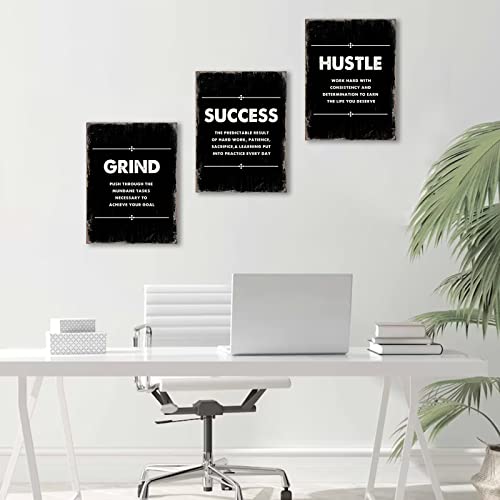 Framed Canvas Inspirational Quotes Wall Art, Hustle Grind Success Wall Art Set, Black Large Poster, Motivational Posters For Office, For Home Office Workplace, (12"X16", Set Of 3, Frame) #TOP2