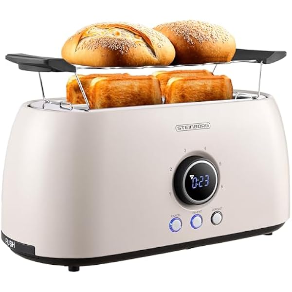 Steinborg Toster 4 kromki z nasadką na bułki, długie szczeliny, automatyczne wyłączanie, wyświetlacz LED ze wskaźnikiem pozostałego czasu (Bulgur Beige)
