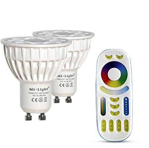 LIGHTEU®, 2X 4W GU10 RGB+CCT LED Spotlight Color Changing and CCT WW CW Temperature Adjustable, Original Mi-Light, Bulb with a 4-Zone Remote (2xFUT103+FUT092) — image 1