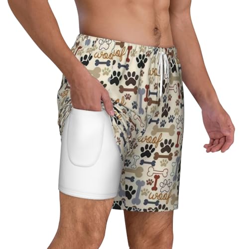 Men's Dog Bones Paw Print Quick-Dry Mesh Swim Trunks Stretch Lining Beach Shorts Surfing Summer Vacations White