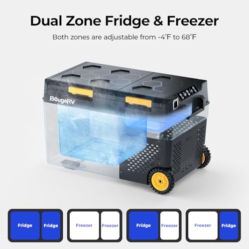 Image of BougeRV 12 Volt Car Refrigerator, CRD2 43 Quart Portable Fridge Freezer with APP Control, -4℉ to 68℉ Dual Zone Compressor Electric Cooler 12 /24V DC, 110~240V AC for Overlanding, Camping, RV, Truck
