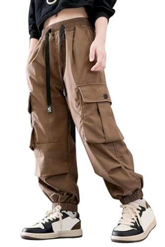 Image of AOWKULAE Girls Casual Cargo Pants for Kids Drawstring Elastic Waist Jogger Pants 6-14 Years