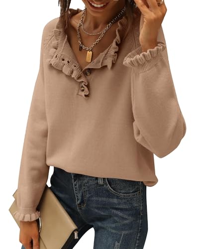 BTFBM Womens Sweaters Fall Winter Clothes 2025 Long Sleeve Button Down Ruffle Crew Neck Casual Knitted Pullover Tops(Khaki, Medium)