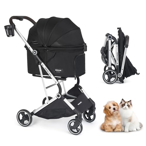 Image of T4 Pet Stroller for Small Medium Dogs, Cat Strollers for 2 Cats, 4 Wheels Folding Pet Stroller for Cats with Pad, Canopy and Cup Holder, Black