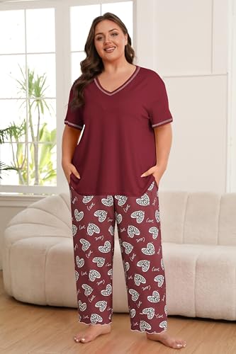 Image of Vozanet Women's Plus Size Pajama Sets Short Sleeve Long Pants Solid Color with Piping Trim Elegant Loungewear Cozy Sleepwear